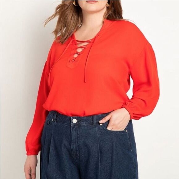 NWT Eloquii Red Lace-Up Blouse Size 26 - Picture 1 of 9